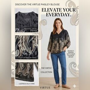 Virtue Paisley V-Neck Blouse Black & Gold Silk-Like L